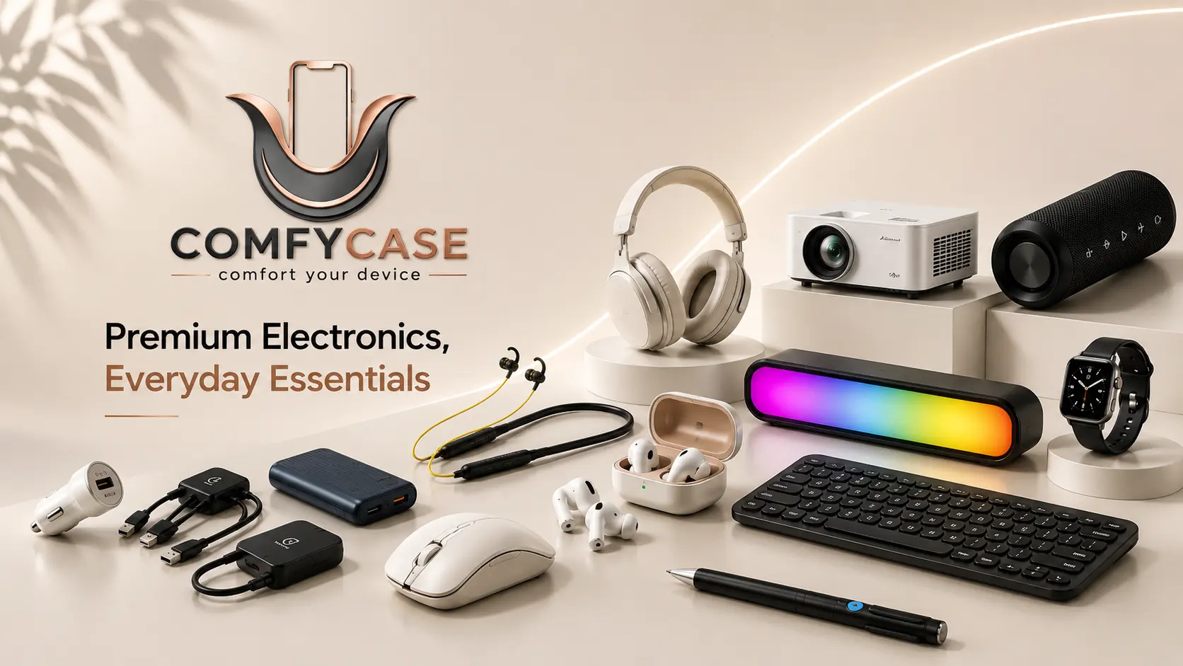 Comfy Case premium electronics — headphones, Bluetooth speaker, projector, smartwatch, keyboard, mouse, earbuds, and charging accessories